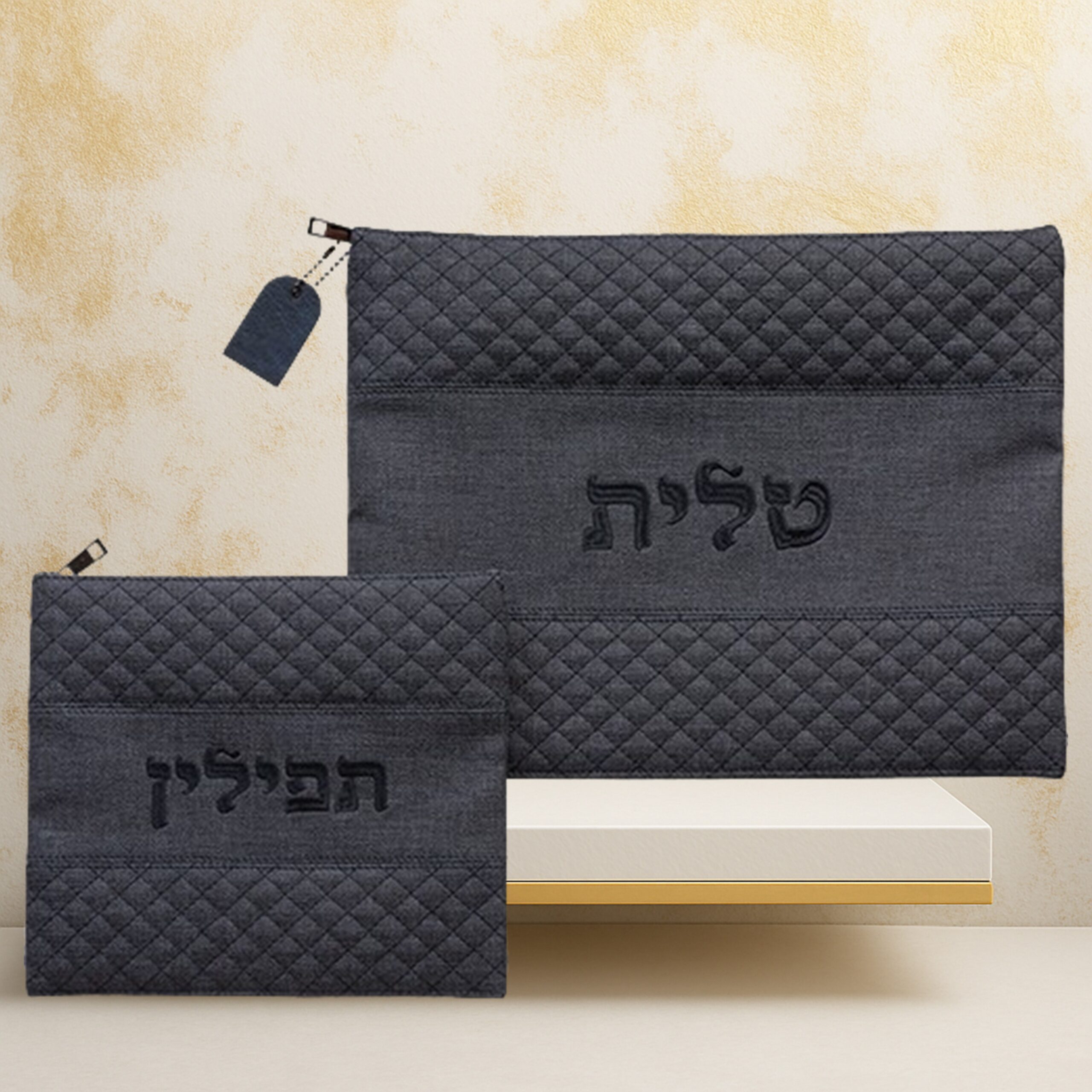 סט כיסוי טלית ותפילין דמוי עור גוון שחור כחול