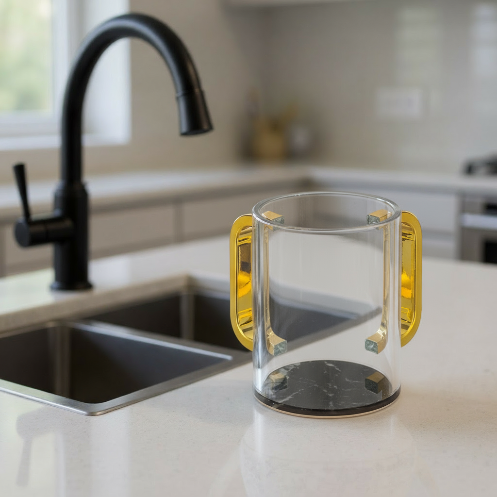 נטלה שקופה ידיות זהב לנטילת ידיים מהודרת קוטר 11 ס"מ