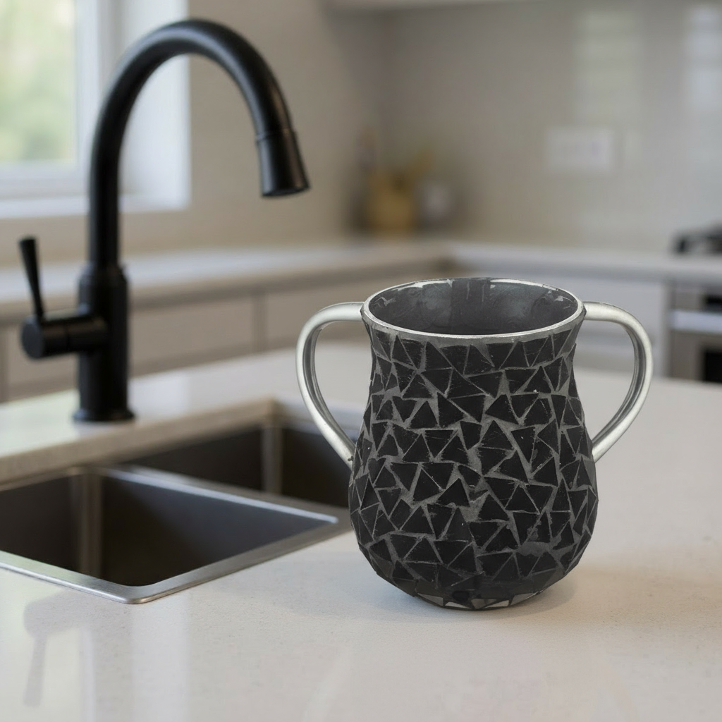 נטלה שחורה פסיפס לנטילת ידיים מהודרת קוטר 13 ס"מ