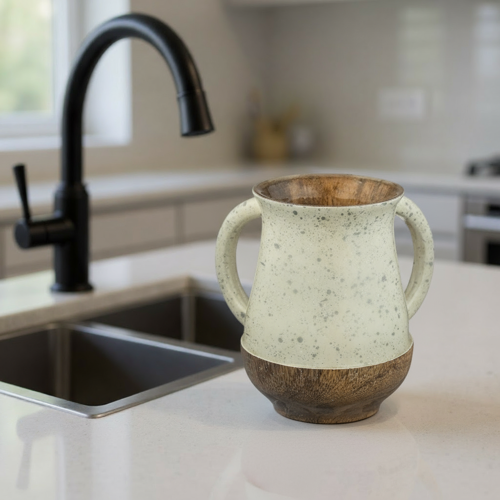 נטלה עבודת יד מעץ מנגו לנטילת ידיים מהודרת קוטר 12 ס"מ